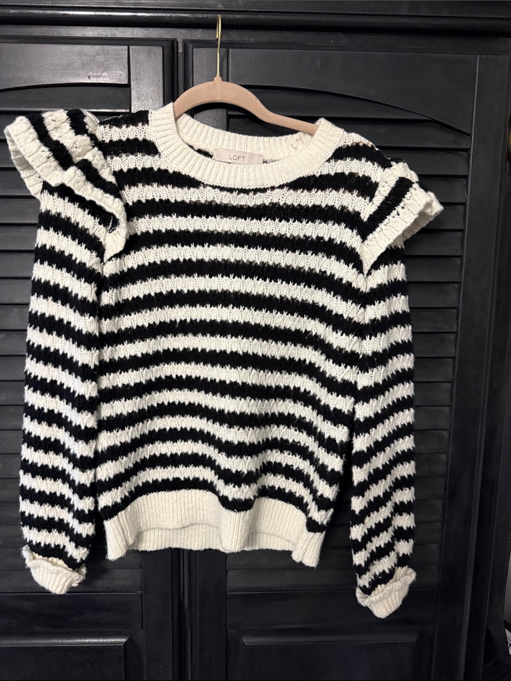 LOFT Black & White Striped Ruffle-Shoulder Sweater